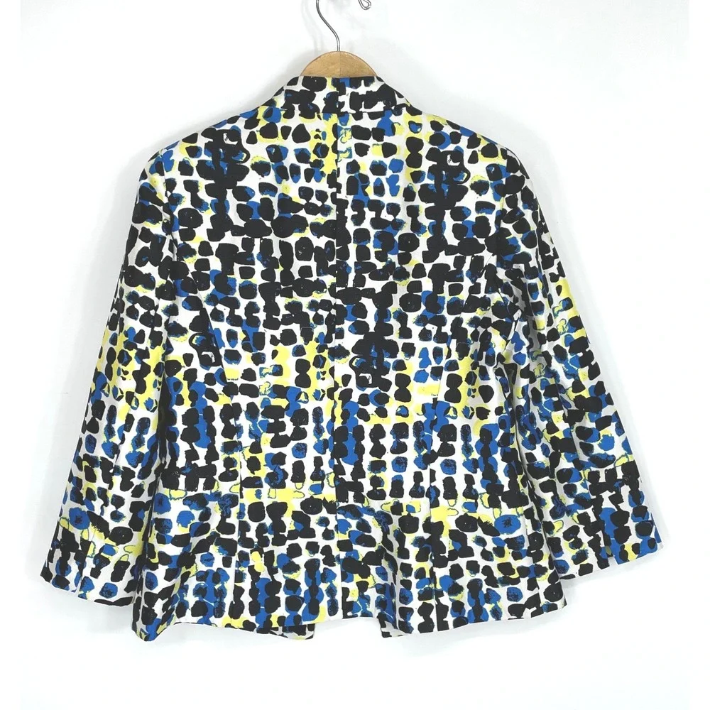 Kasper Womens Blazer 6 Open Front Blue Yellow Abstract Geometric Print